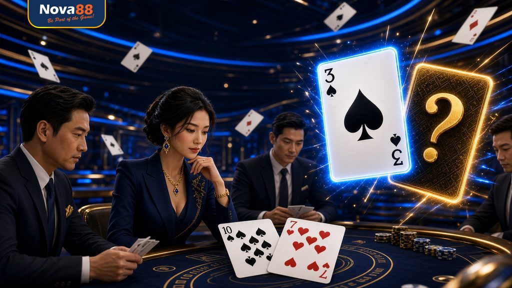 Bàn xì dách trực tuyến Nova88 với tổng điểm gần 21 và các lựa chọn rút hoặc dằn bài.