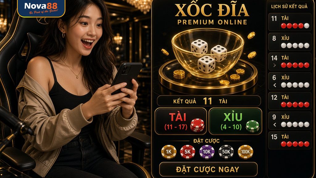 Trò chơi xóc đĩa trực tuyến trên nền tảng Nova88 Xóc đĩa online Nova88 với giao diện theo dõi kết quả trực quan.