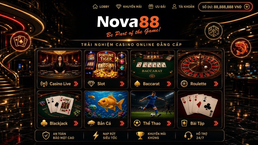 Sảnh casino Nova88 giao diện hiện đại nhiều danh mục game Sảnh casino Nova88 với giao diện hiện đại và nhiều nhóm trò chơi.