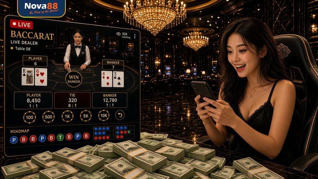 Sảnh live casino Nova88 tương tác trực tuyến Live casino Nova88 cho phép theo dõi diễn biến từng ván trực tiếp.
