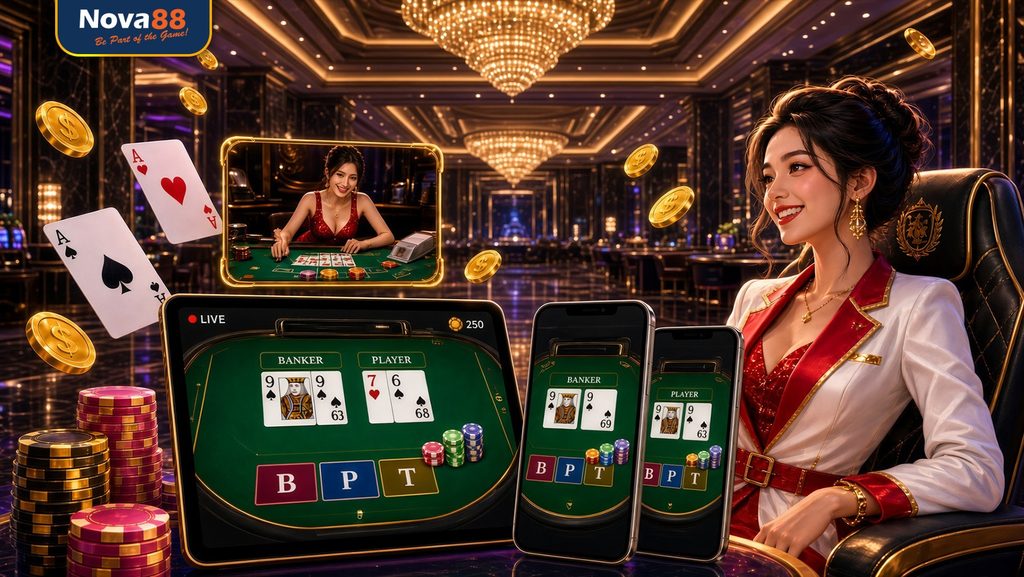 Bàn baccarat trực tuyến Nova88 các cửa Banker Player Tie Bàn baccarat trực tuyến tại Nova88 với các cửa Banker, Player và Tie.